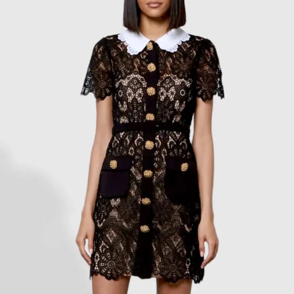 Womens Self-Portrait Black White Guipure Lace Sheath Cindy Mini Dress 6 - Picture 1 of 16